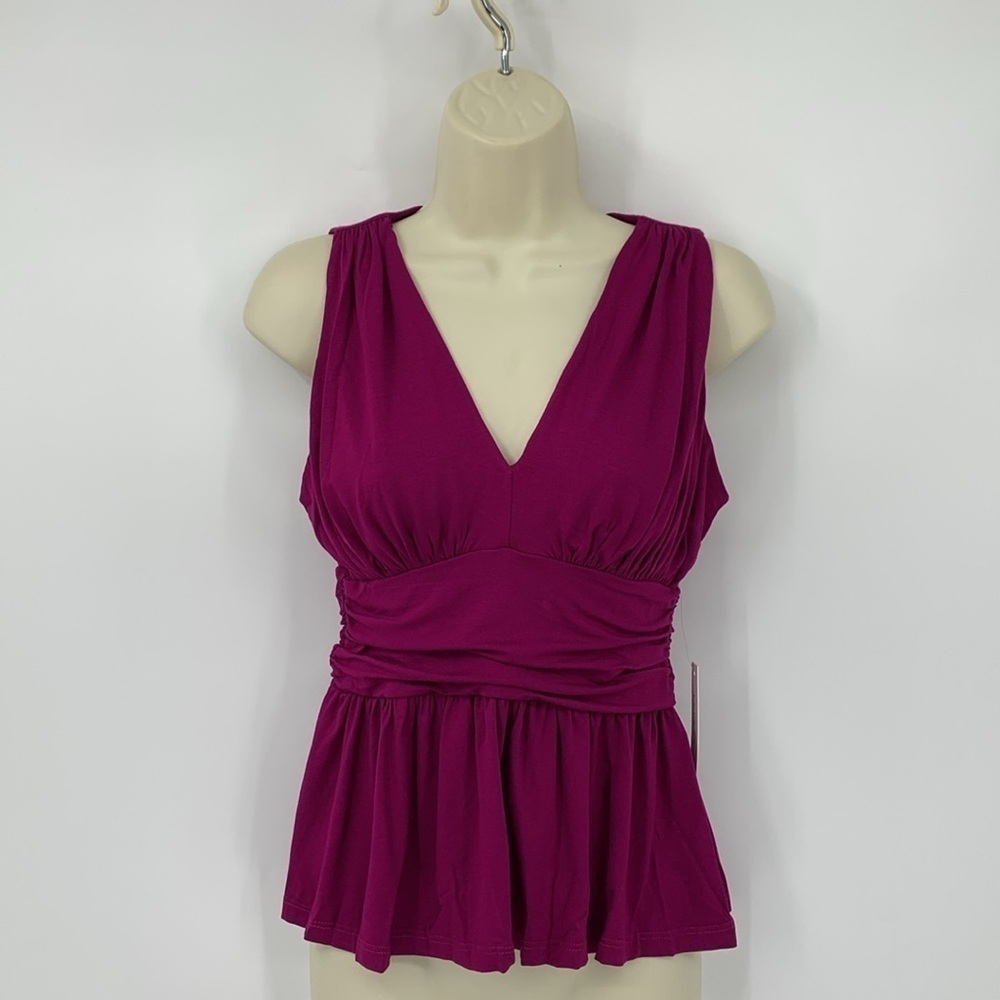 Susana Monaco Evereve Gathered Deep V knit blouse shirt top pink Peplum new S